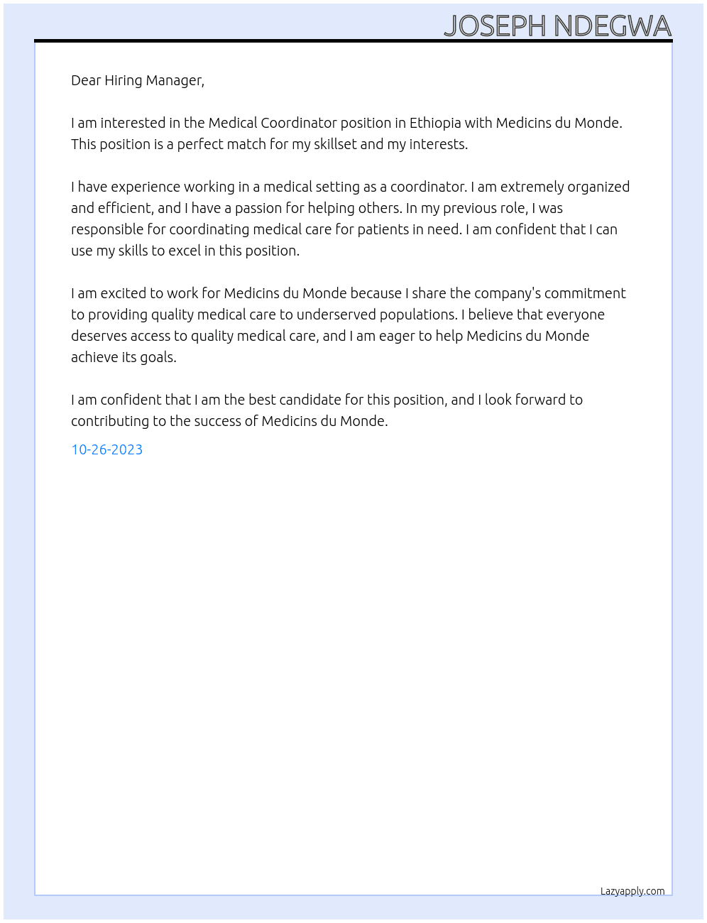 Medical Coordinator - Ethiopia  At Medicins du Monde Cover Letter