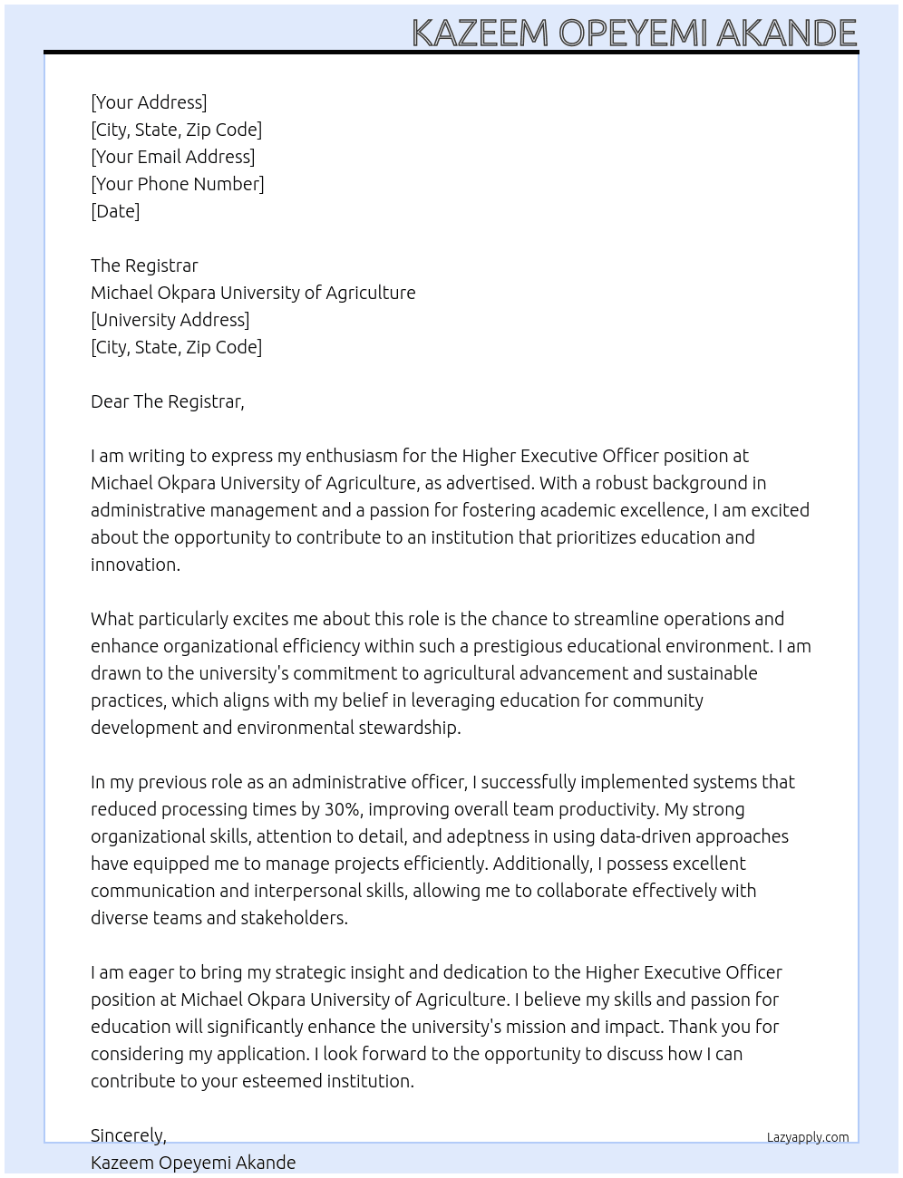 Higher Executive Officer At Michael Okpara University of Agriculture Cover Letter