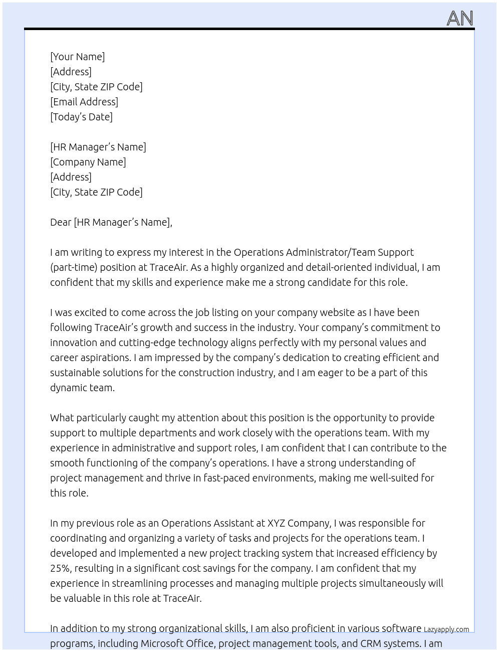 Operations Administrator / Team Support (part-time) At TraceAir Cover Letter
