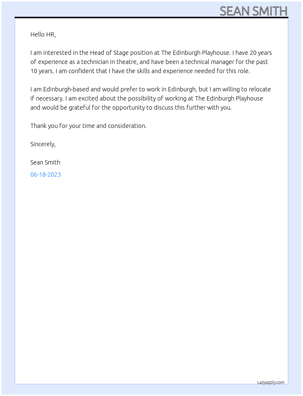 Head of stage At The Edinburgh playhouse Cover Letter