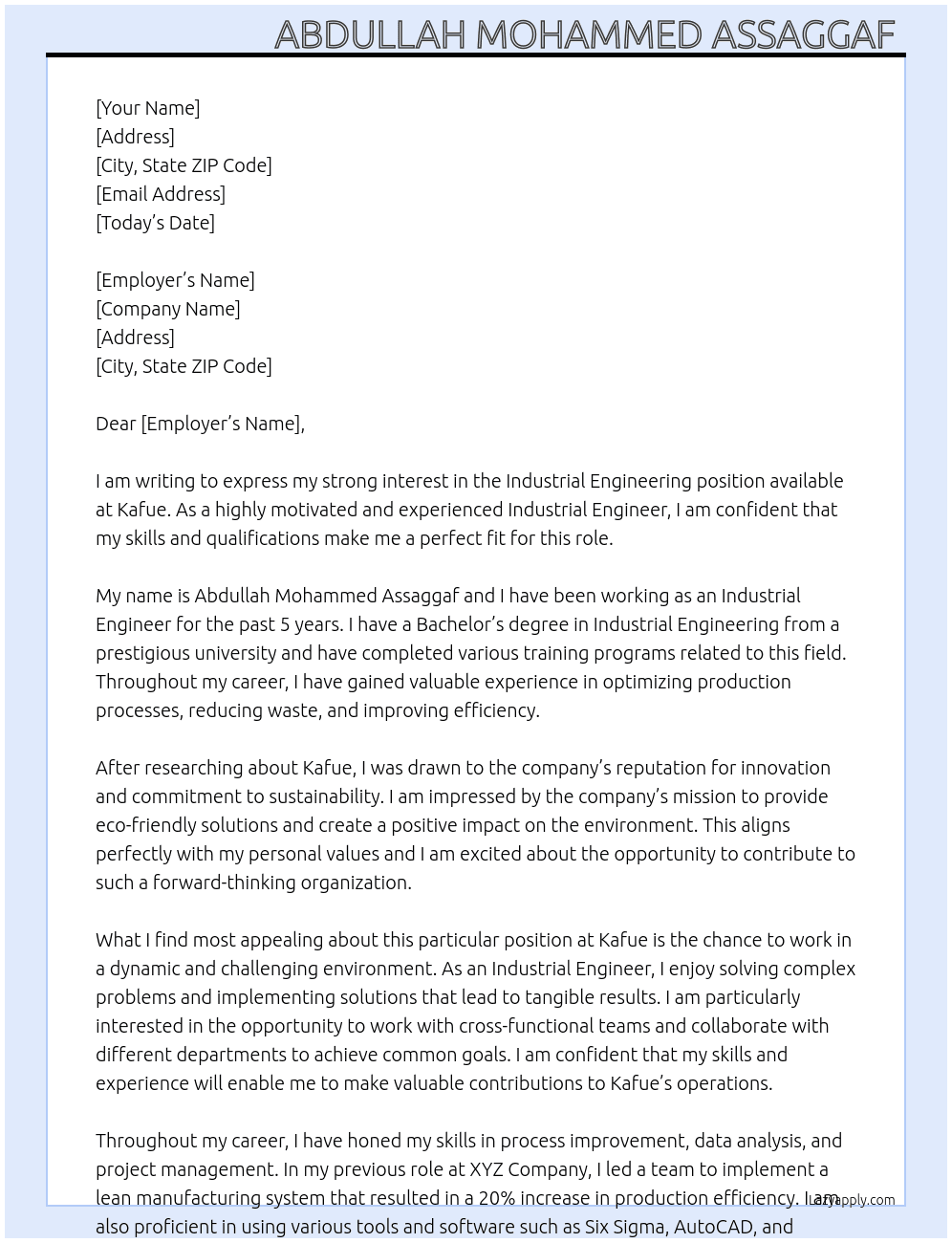 industrial engineering   At kafue  Cover Letter