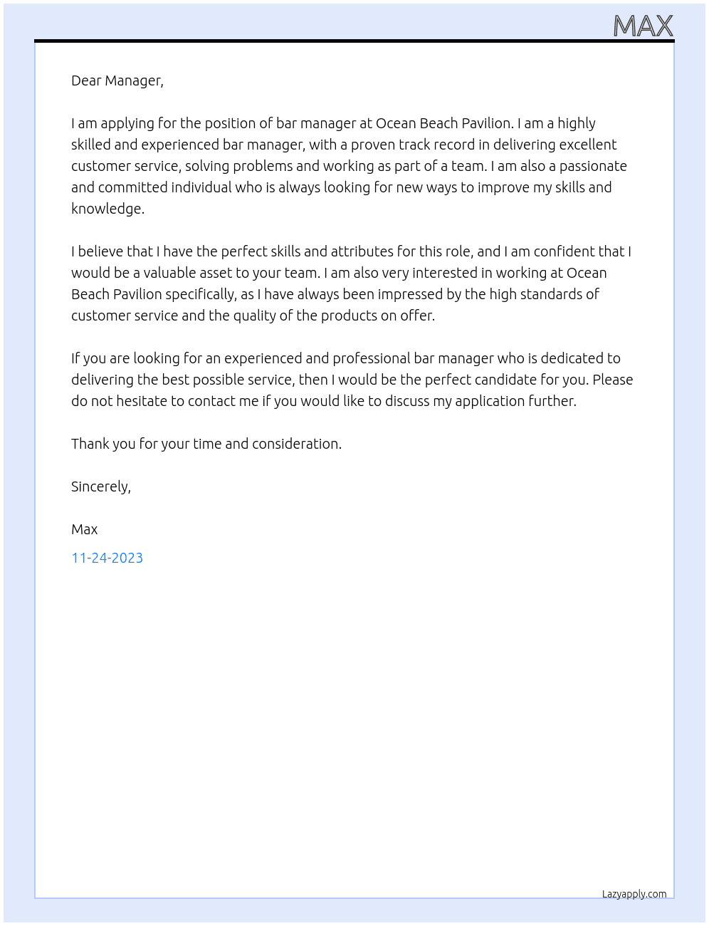 Bar manager  At Ocean Beach Pavilion Cover Letter