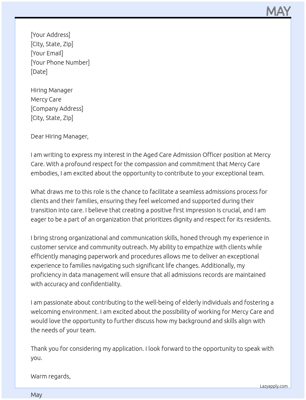 Aged Care admission Officer At Mercy care Cover Letter