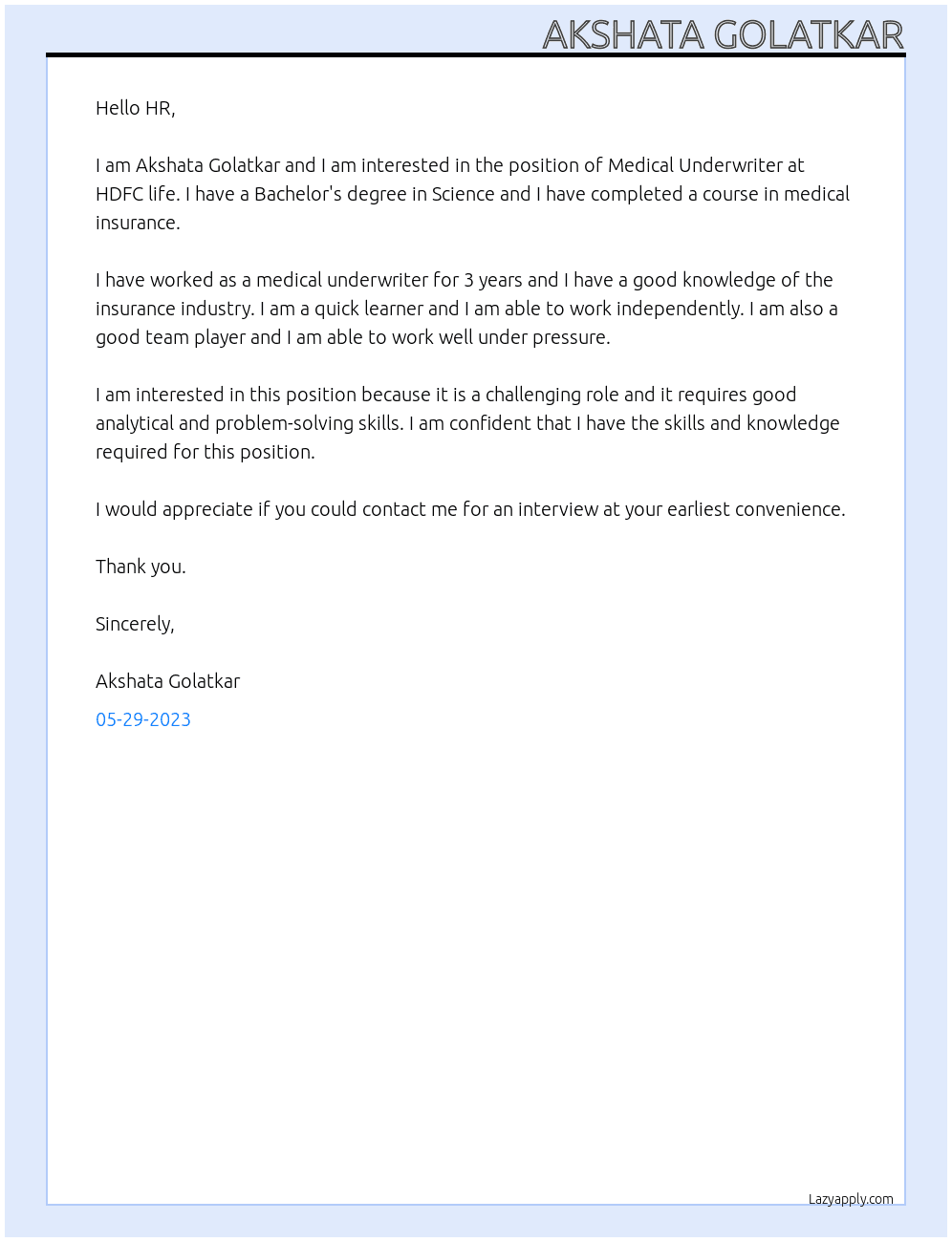 Medical Underwriter At HDFC life Cover Letter