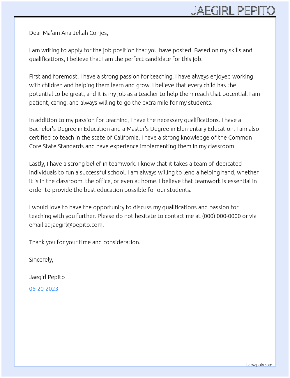 Job application At maya elemntary school Cover Letter