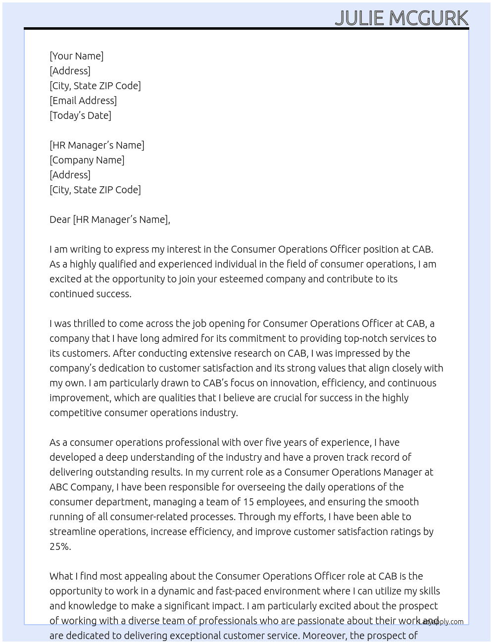 Consumer operations officer At CAB Cover Letter
