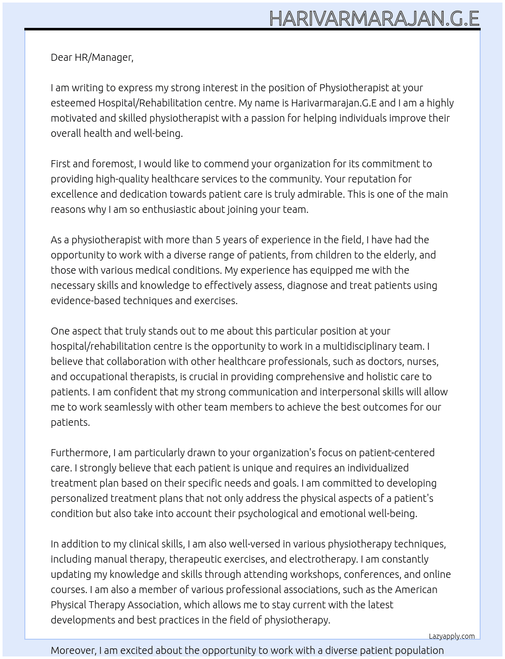 Physiotherapist  At Hospital/Rehabilitation centre  Cover Letter