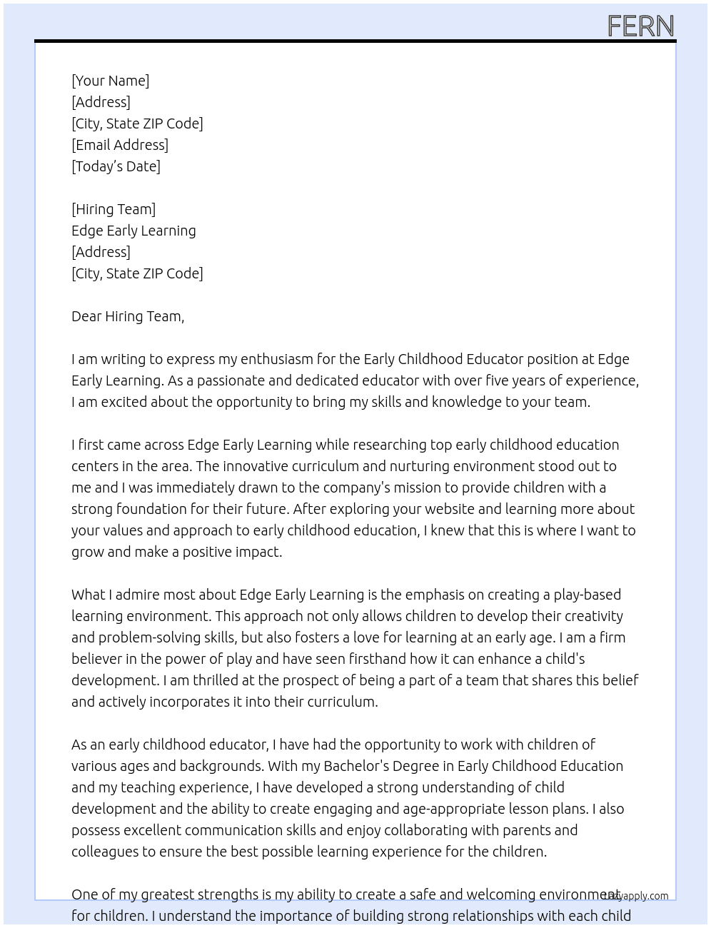Early childhood educator At Edge Early Learning Cover Letter
