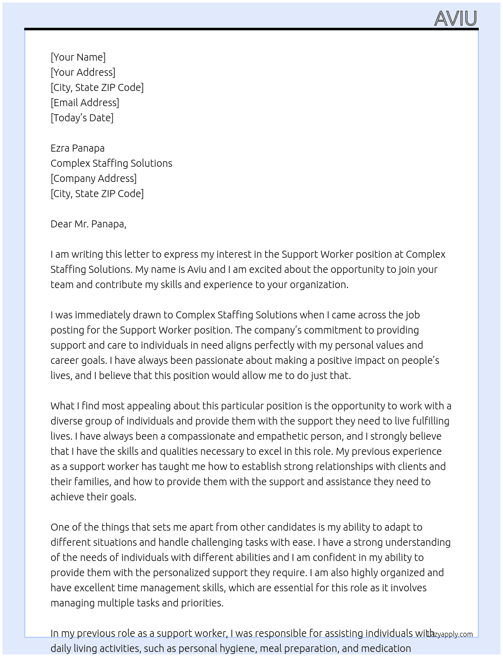 Support worker At Complex staffing solutions  Cover Letter