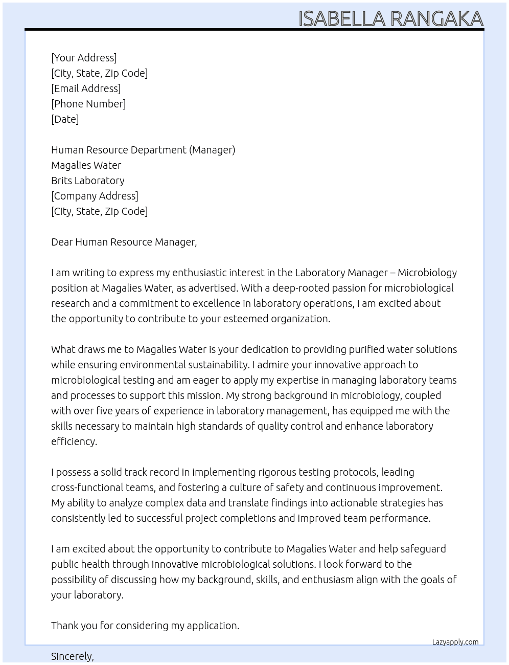 Laboratory Manager Microbiology At Magalies Water, Brits Laboratory Cover Letter