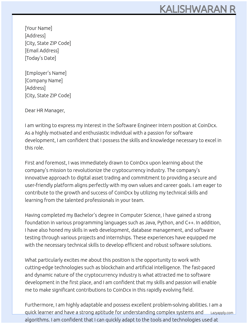 Software Engineer Intern At CoinDcx Cover Letter