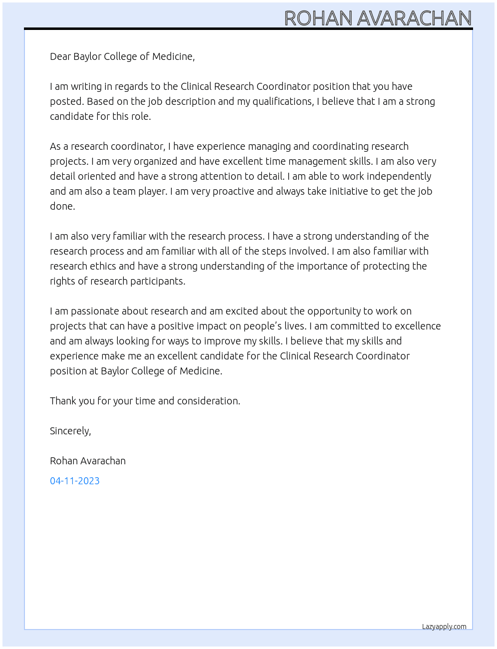 Clinical Research Coordinator  At Baylor College of Medicine  Cover Letter