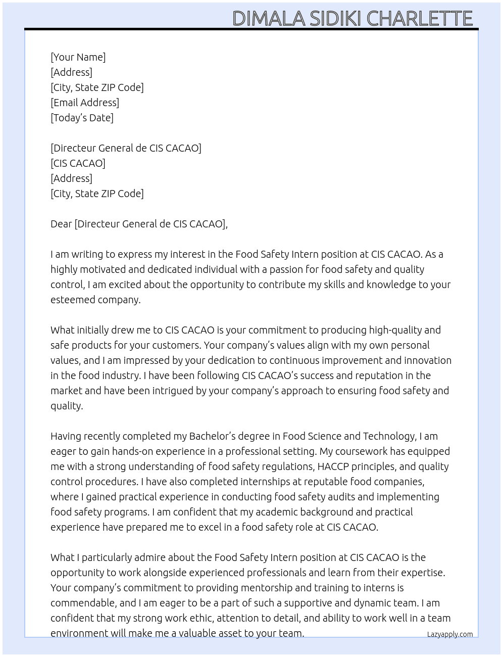 Food safety intern At CIS CACAO Cover Letter