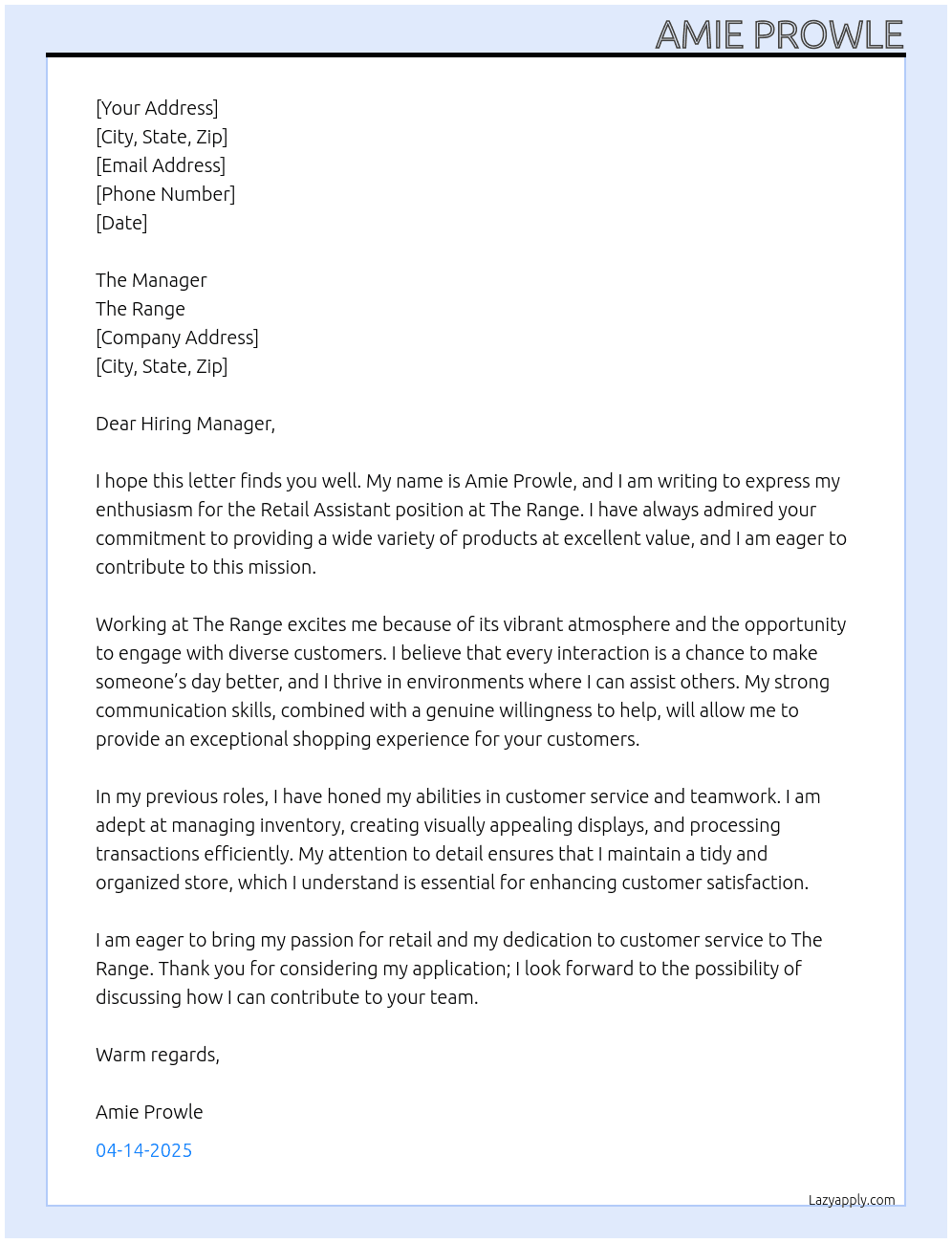 retail assistant At The Range Cover Letter