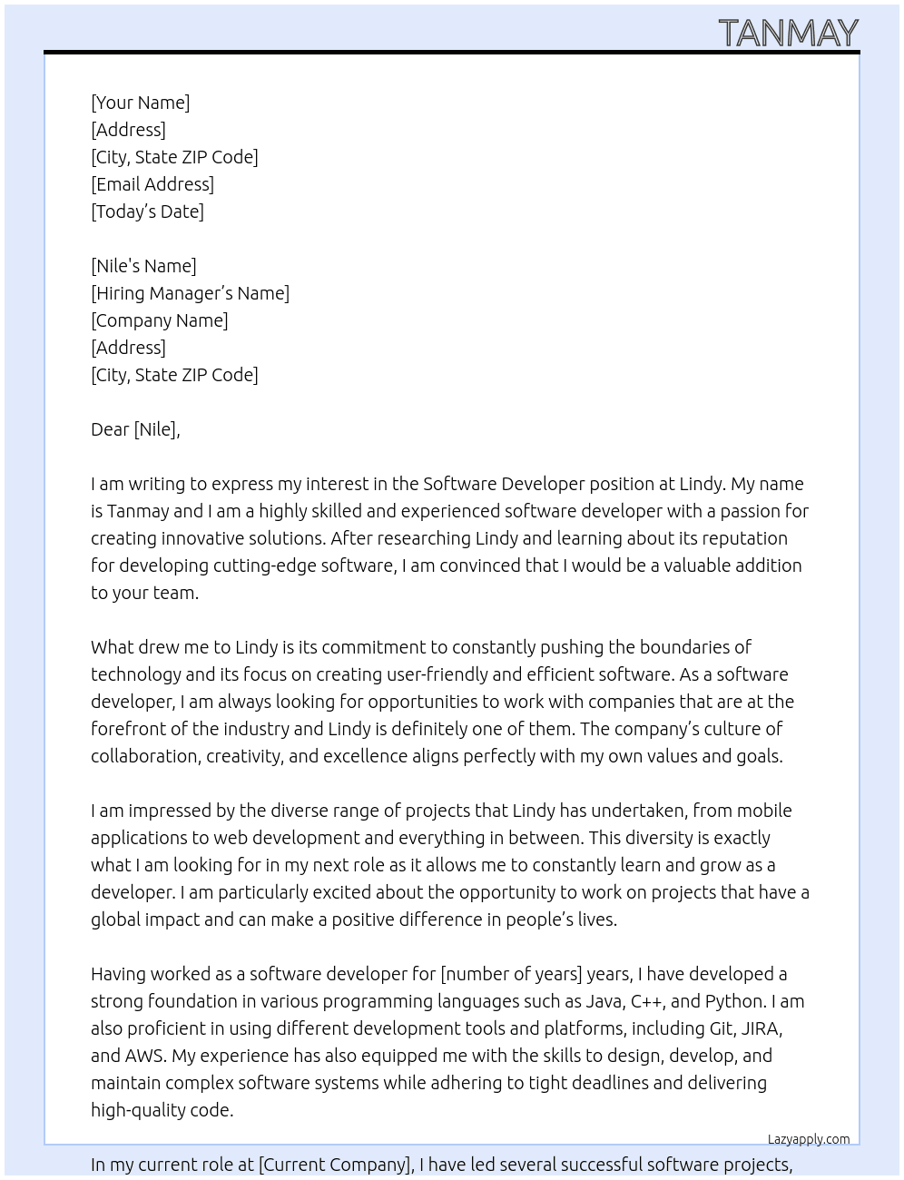 Software Developer At Lindy Cover Letter