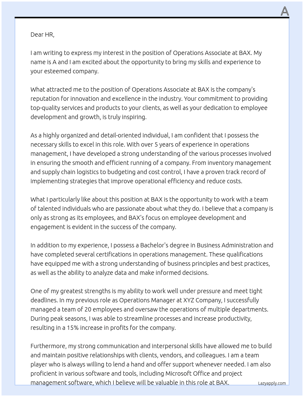 operations associate At BAX Cover Letter