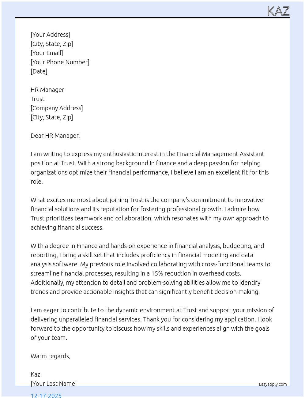 Cover letter for financial managment assistant - LazyApply