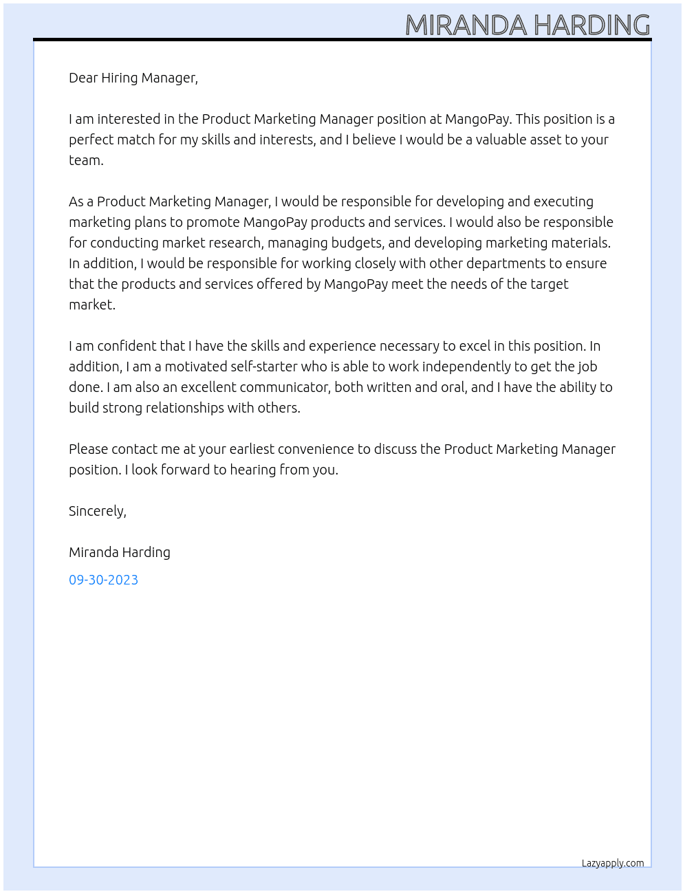 Product Marketing Manager At MangoPay Cover Letter