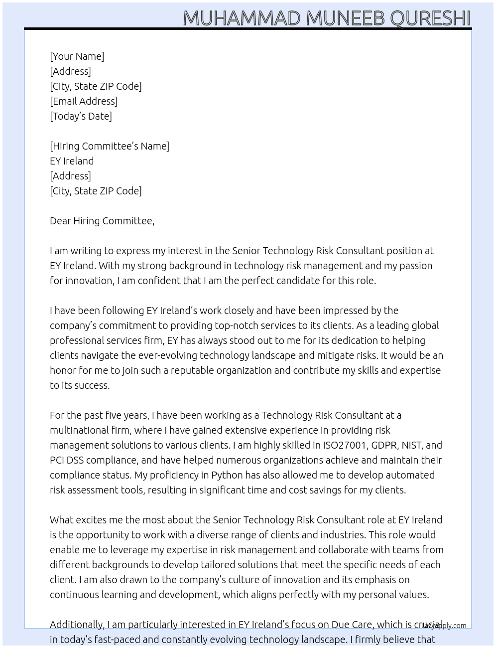 Senior Technology Risk Consultant  At EY Ireland Cover Letter