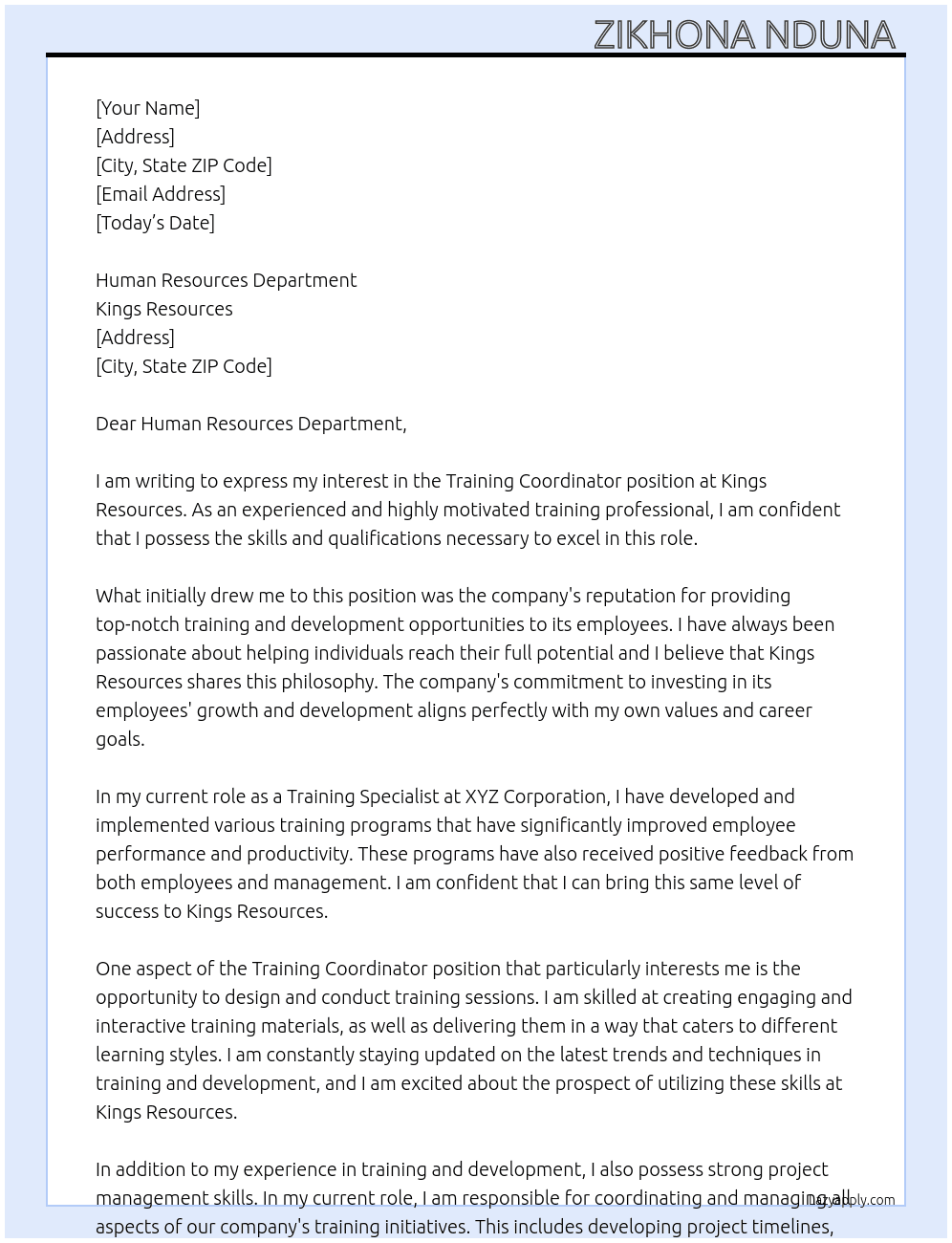 Training Coordinator At Kings Resources Cover Letter