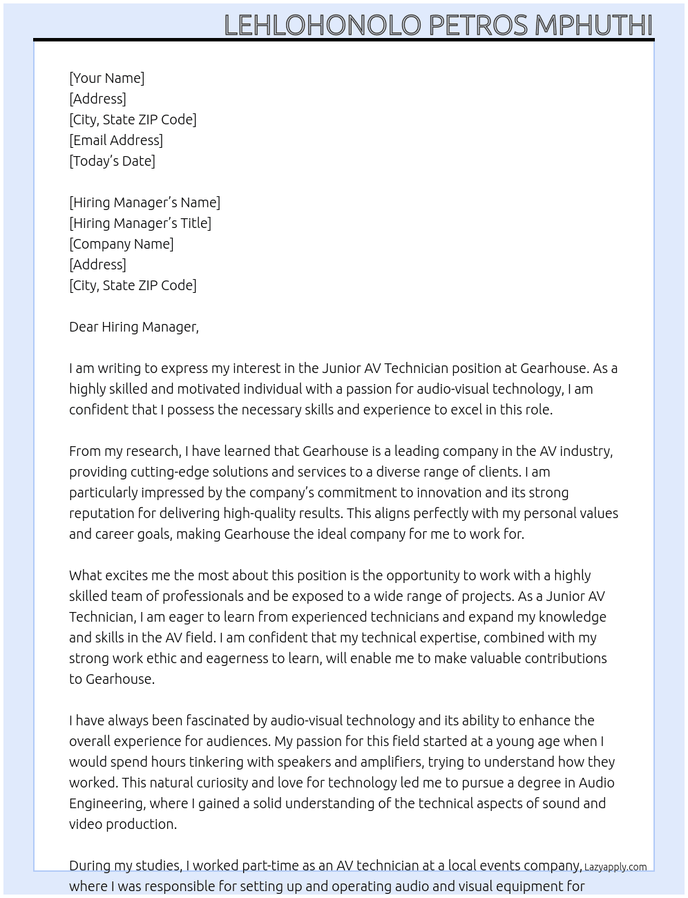 Cover letter for junior av technician - LazyApply