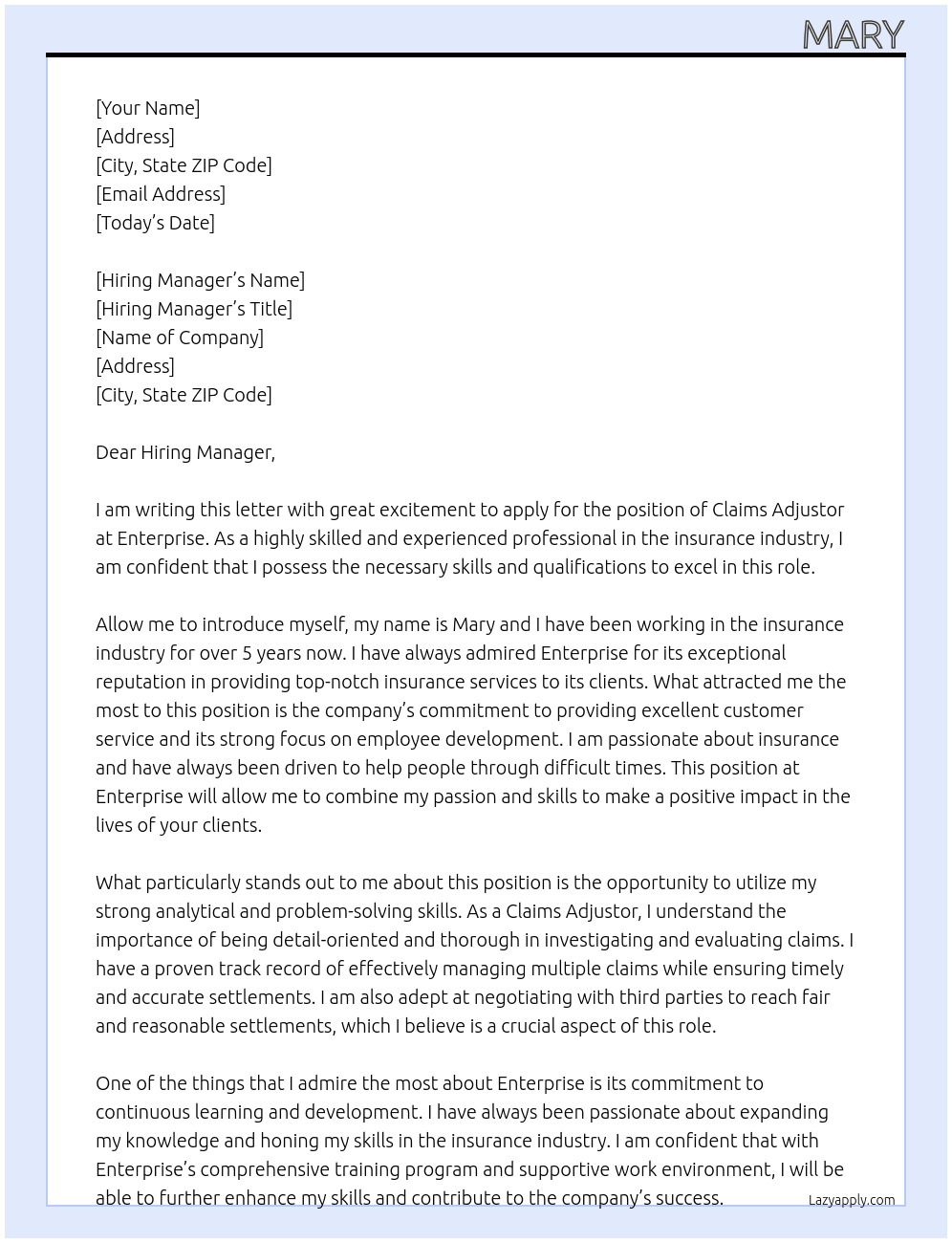 Claims Adjustor At Enterprise Cover Letter