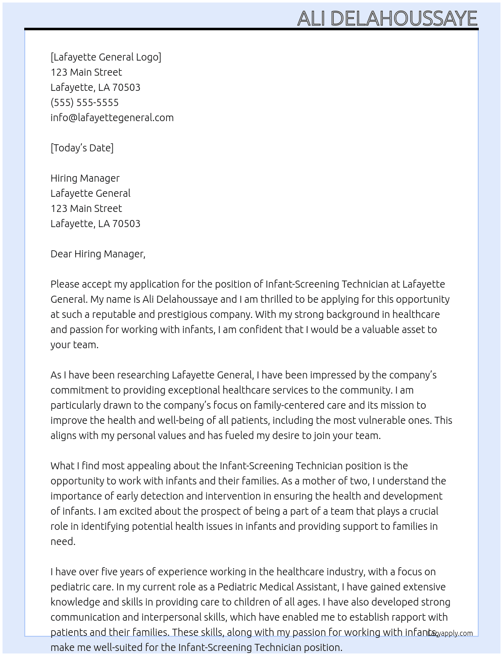 Infant-Screening Technician At Lafayette General  Cover Letter