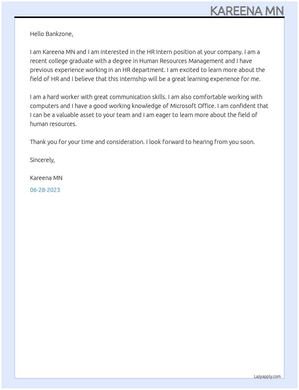 HR Intern At Bankzone Cover Letter