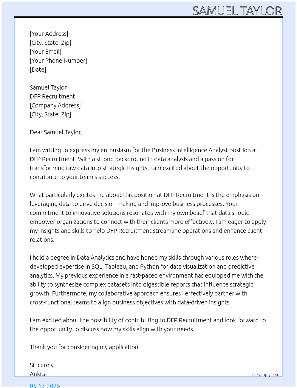 Business Intelligence Analyst At DFP Recuritment Cover Letter