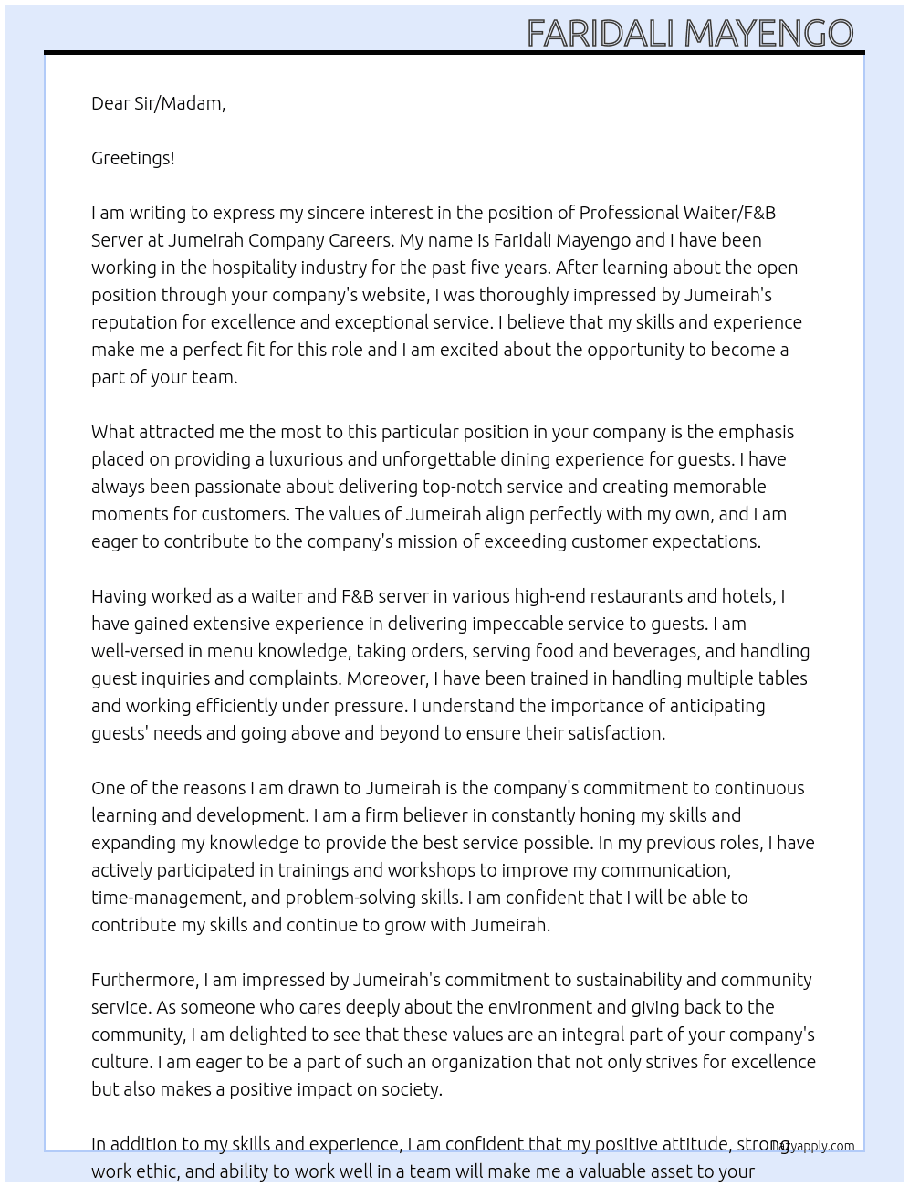 Professional Waiter/ F&B Server  At Jumeirah Company Careers  Cover Letter
