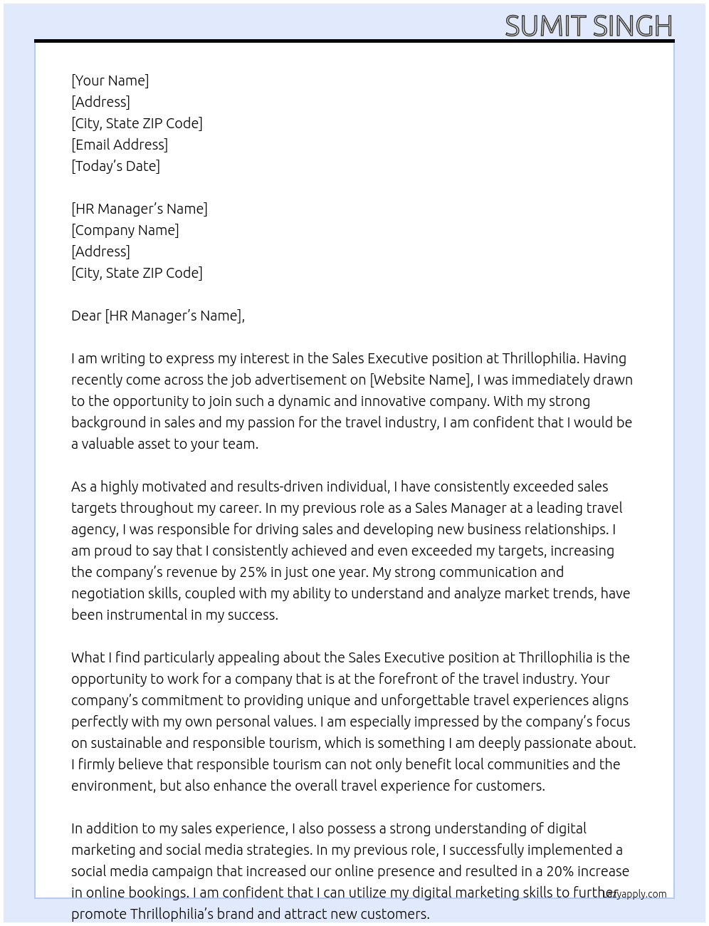 Sales executive At Thrillophilia Cover Letter