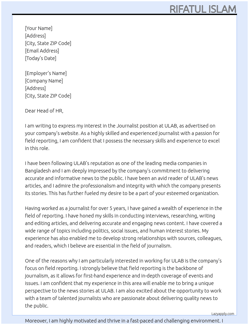 Journalist At ULAB  Cover Letter
