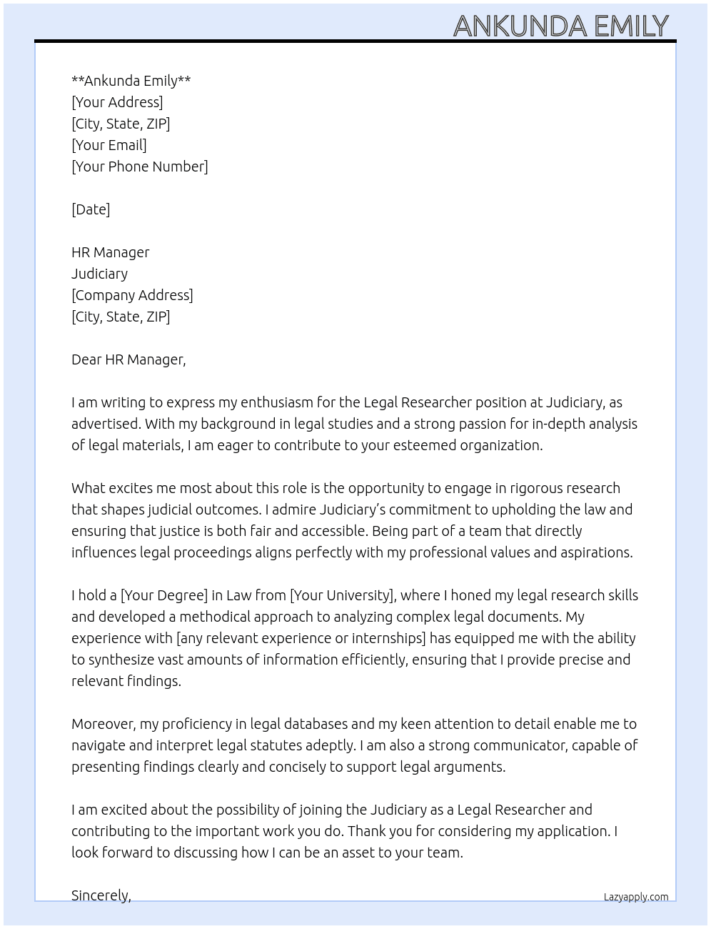 LEGAL RESEARCHER At JUDICIARY Cover Letter