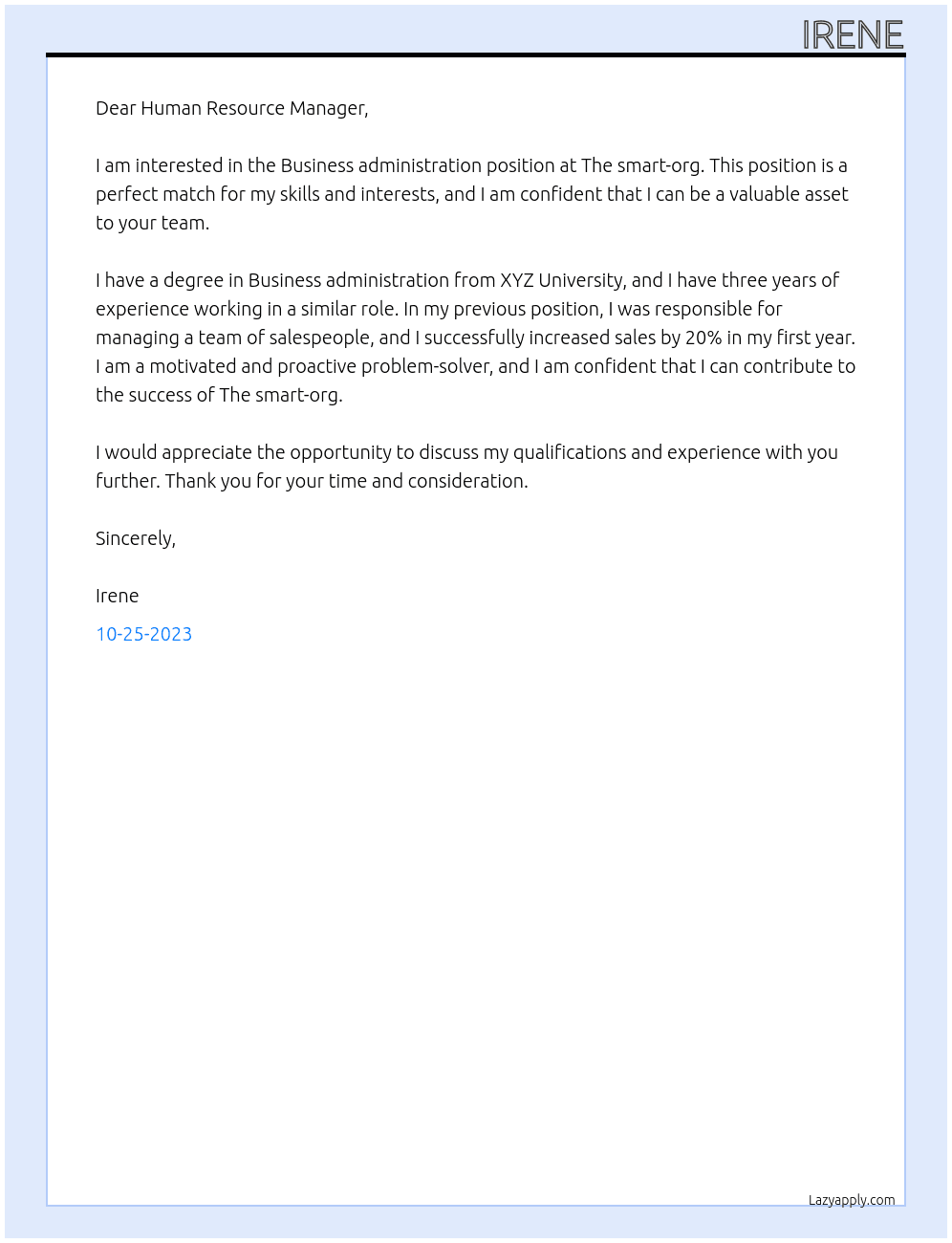 Business administration  At The smart-org Cover Letter