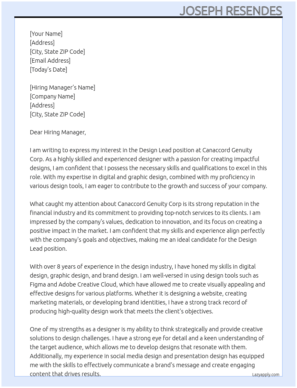 Design Lead At Canaccord Genuity Corp Cover Letter