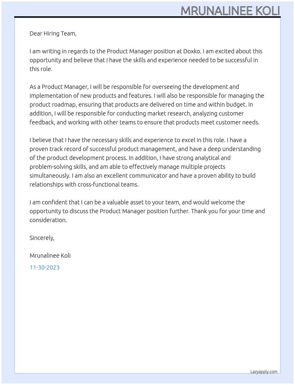 Product Manager At Doxko Cover Letter