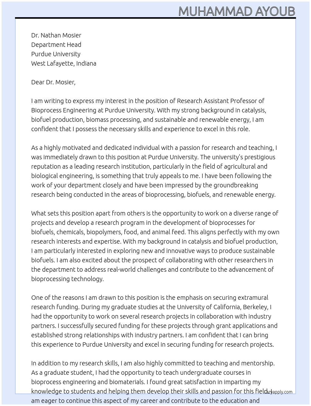 Research Assistant Professor of Bioprocess Engineering At Purdue University in West Lafayette, Indiana Cover Letter