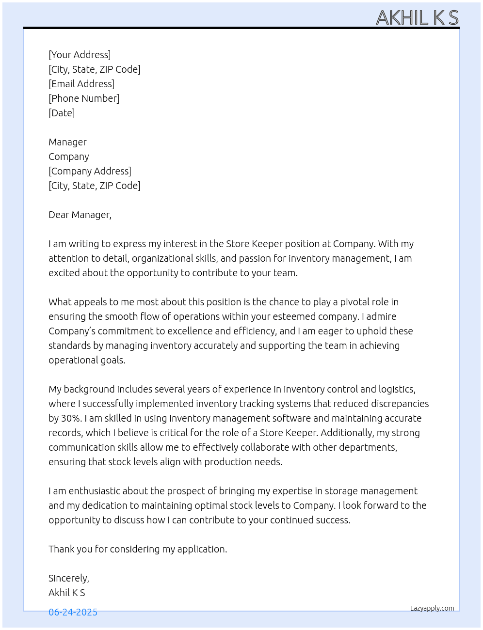 Store Keeper At Company Cover Letter