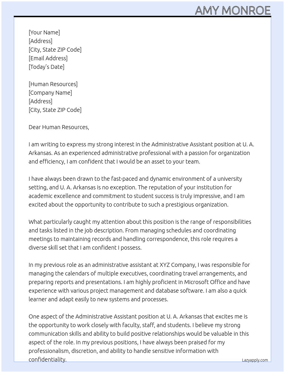 Administrative Assistant At U. A. Arkansas Cover Letter