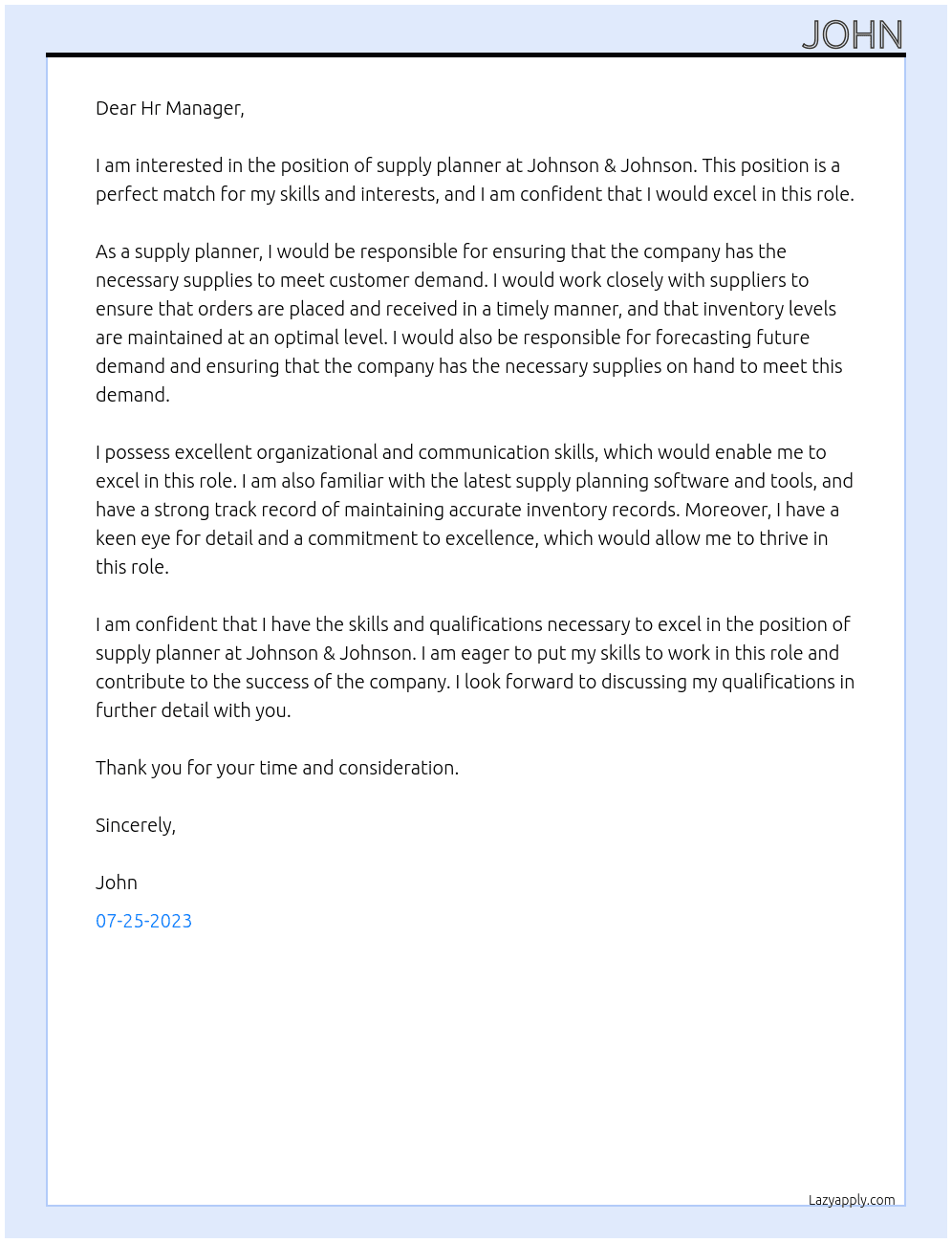 Supply planner At Johnson & Johnson Cover Letter
