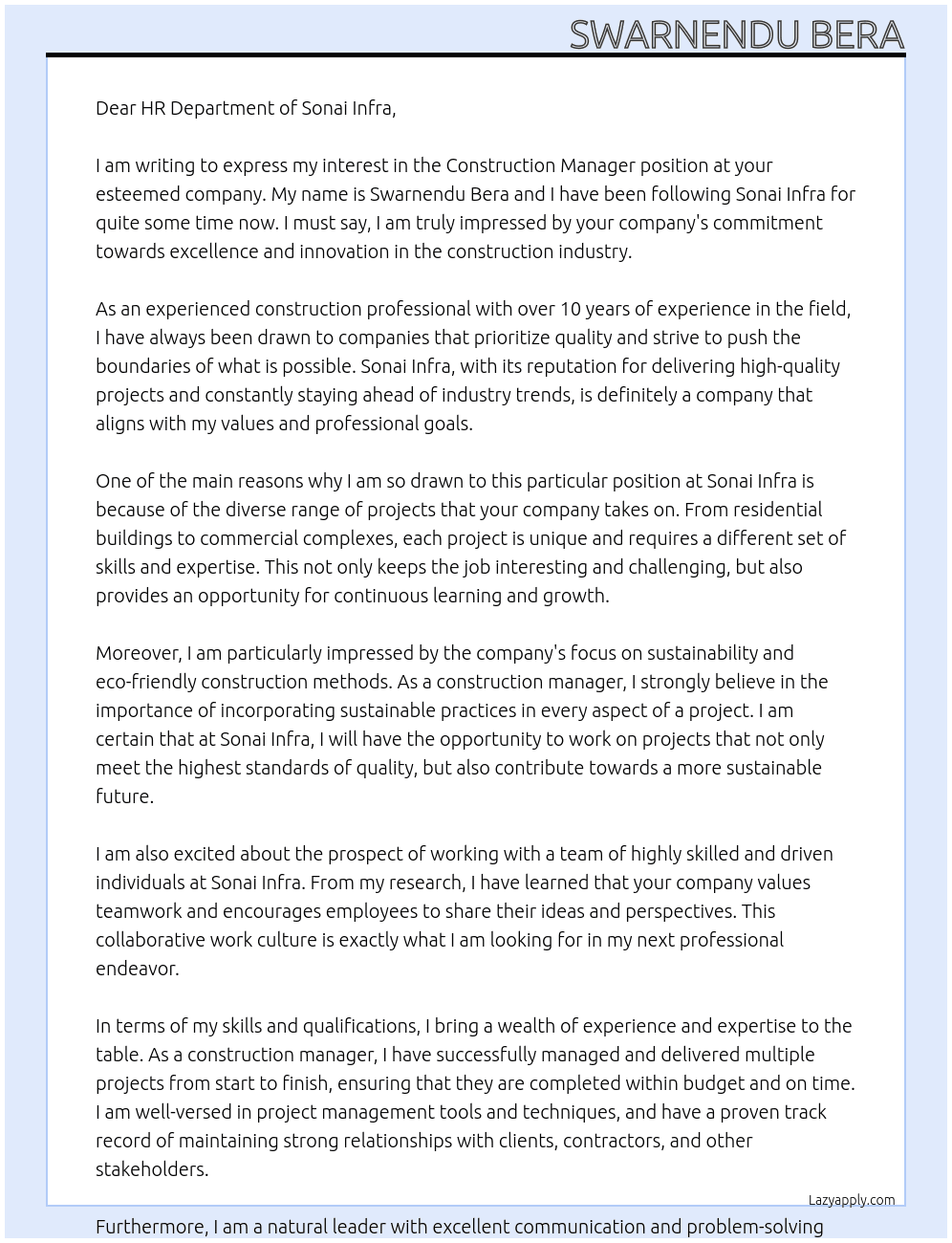 Construction Manager  At SONAI INFRA Cover Letter