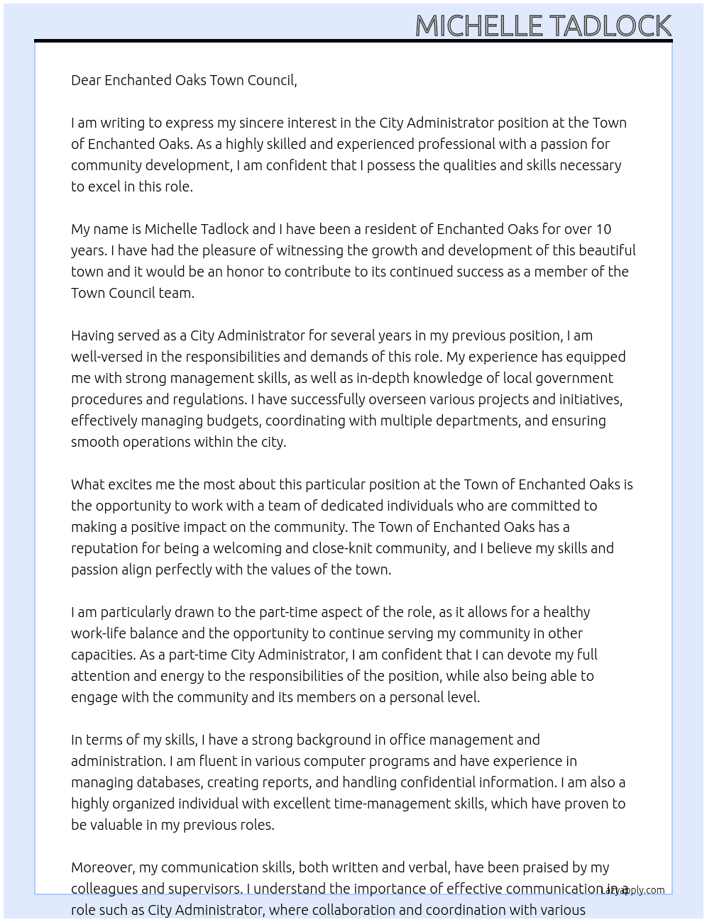 City Administrator At Town of Enchanted Oaks Cover Letter