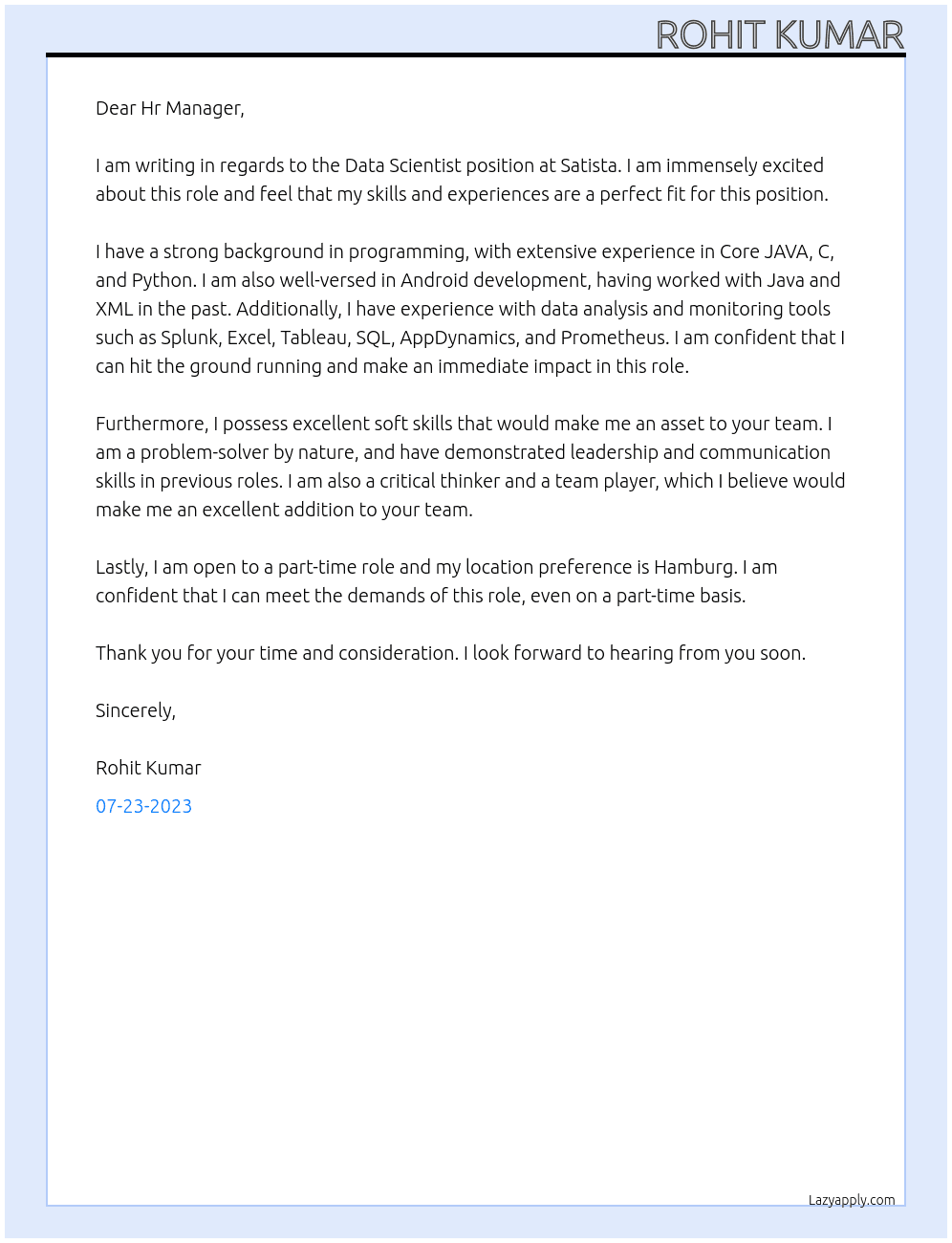 Data Scientist At Satista Cover Letter
