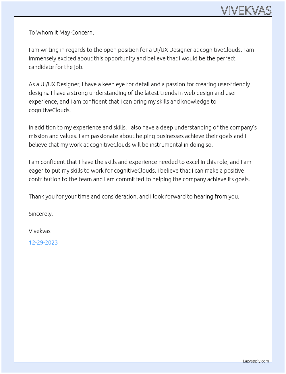 ui ux designer At cognitiveClouds Cover Letter