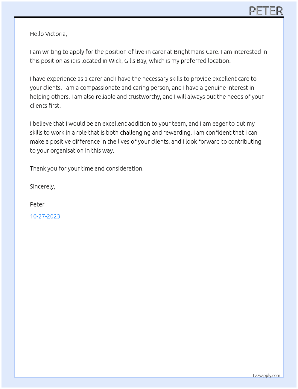 live-in carer At brightmans care Cover Letter