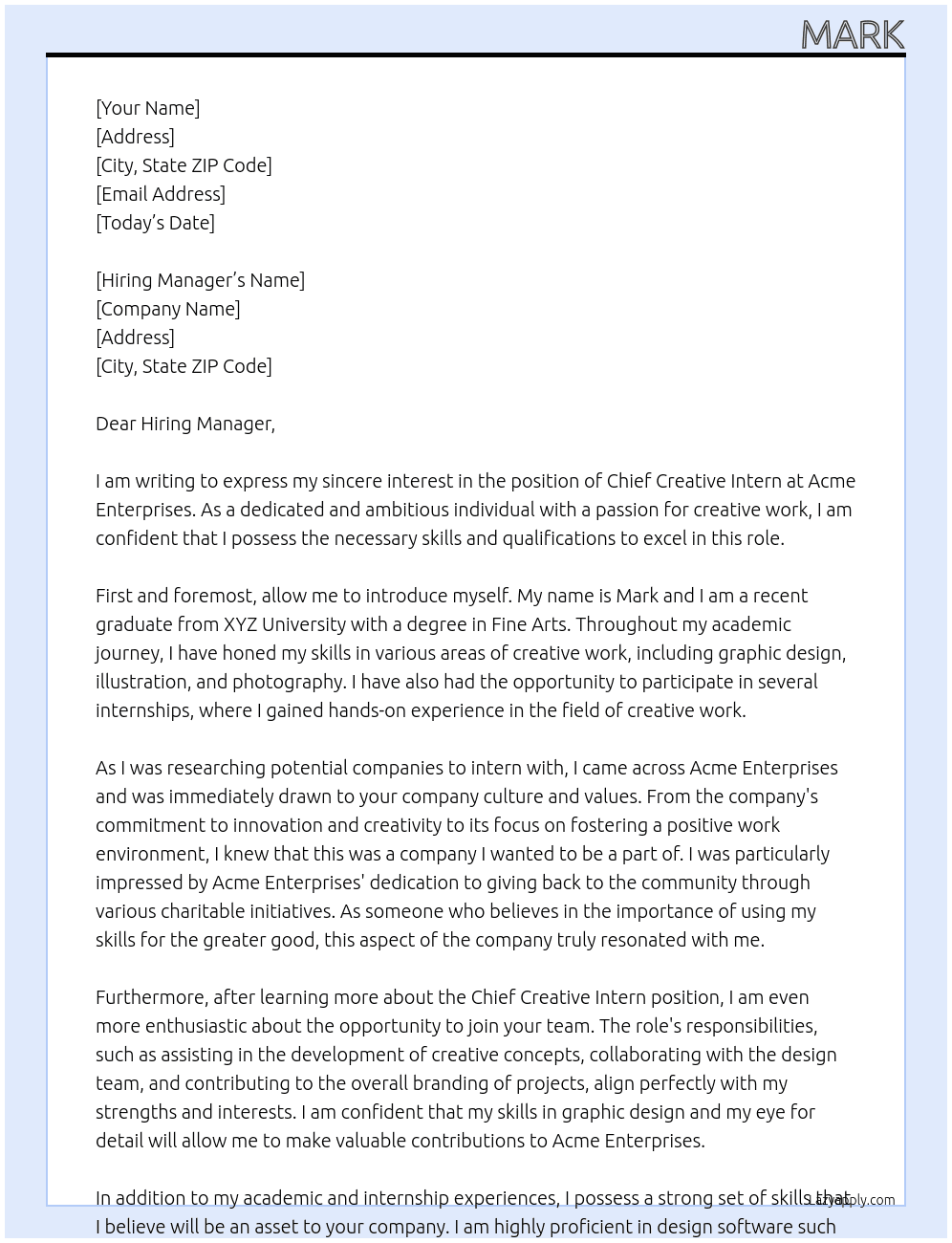 Cheif Creative intern At Acme Enterprises Cover Letter
