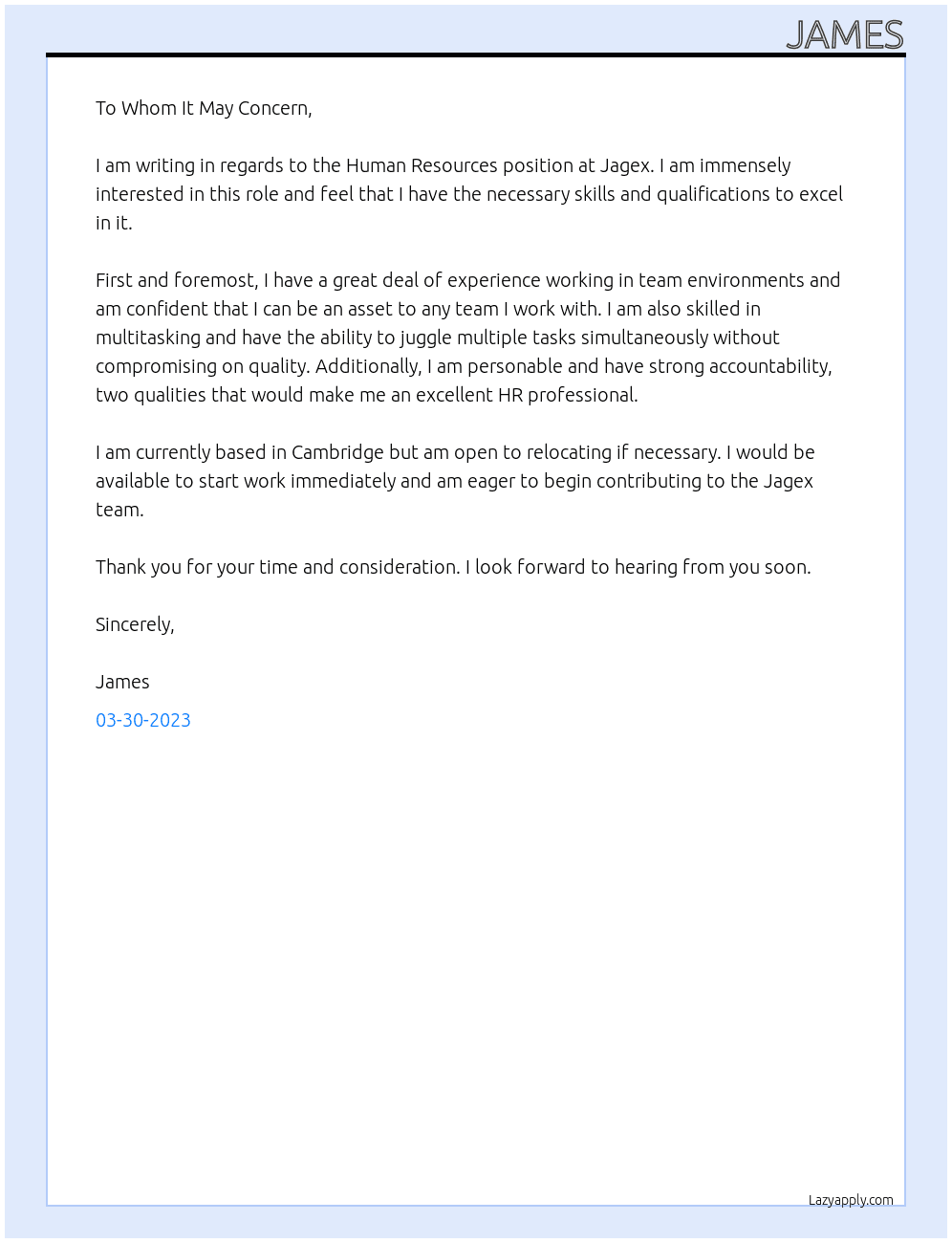 HR At Jagex Cover Letter