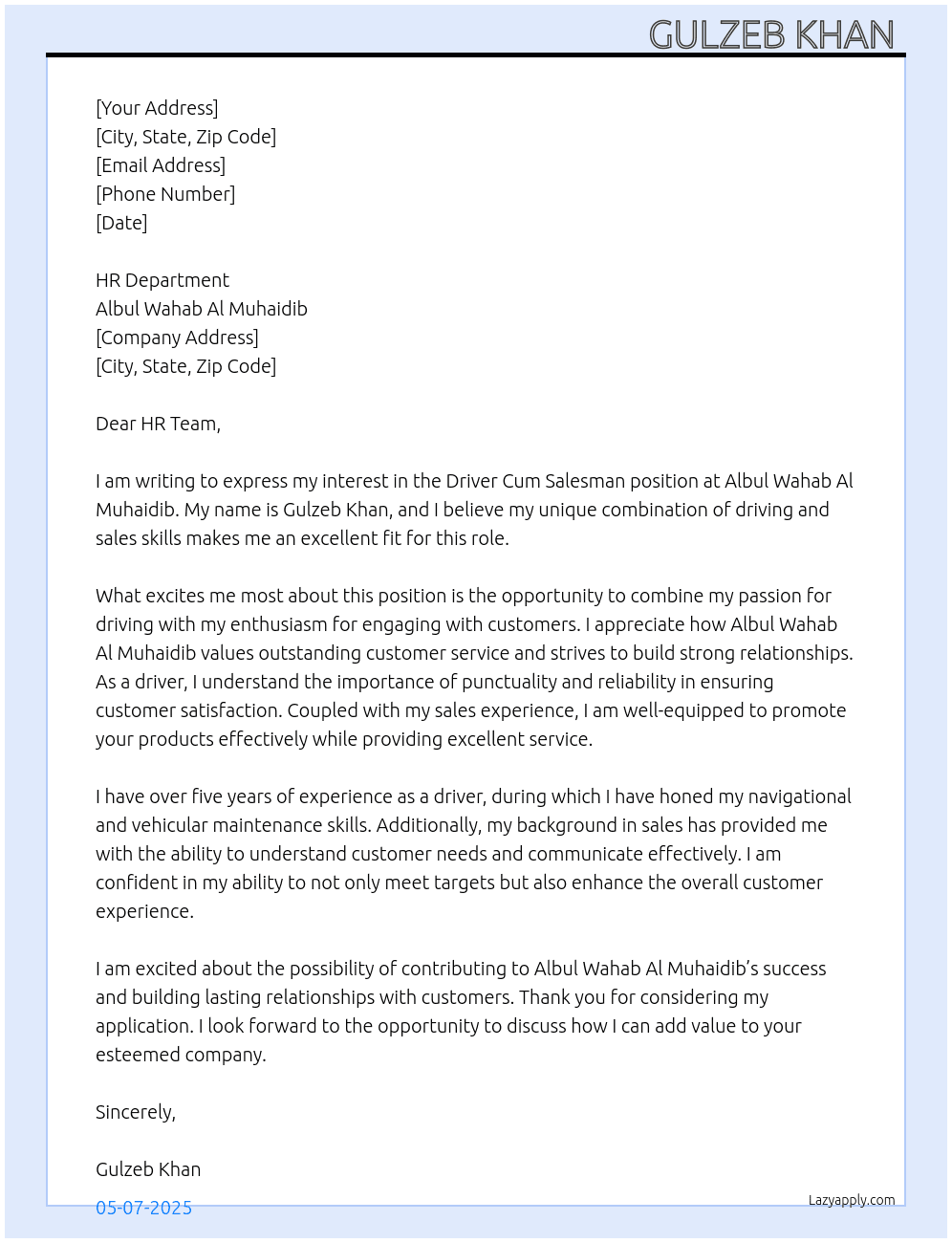 Driver cum salesman  At Albul Wahab al muhaidib  Cover Letter