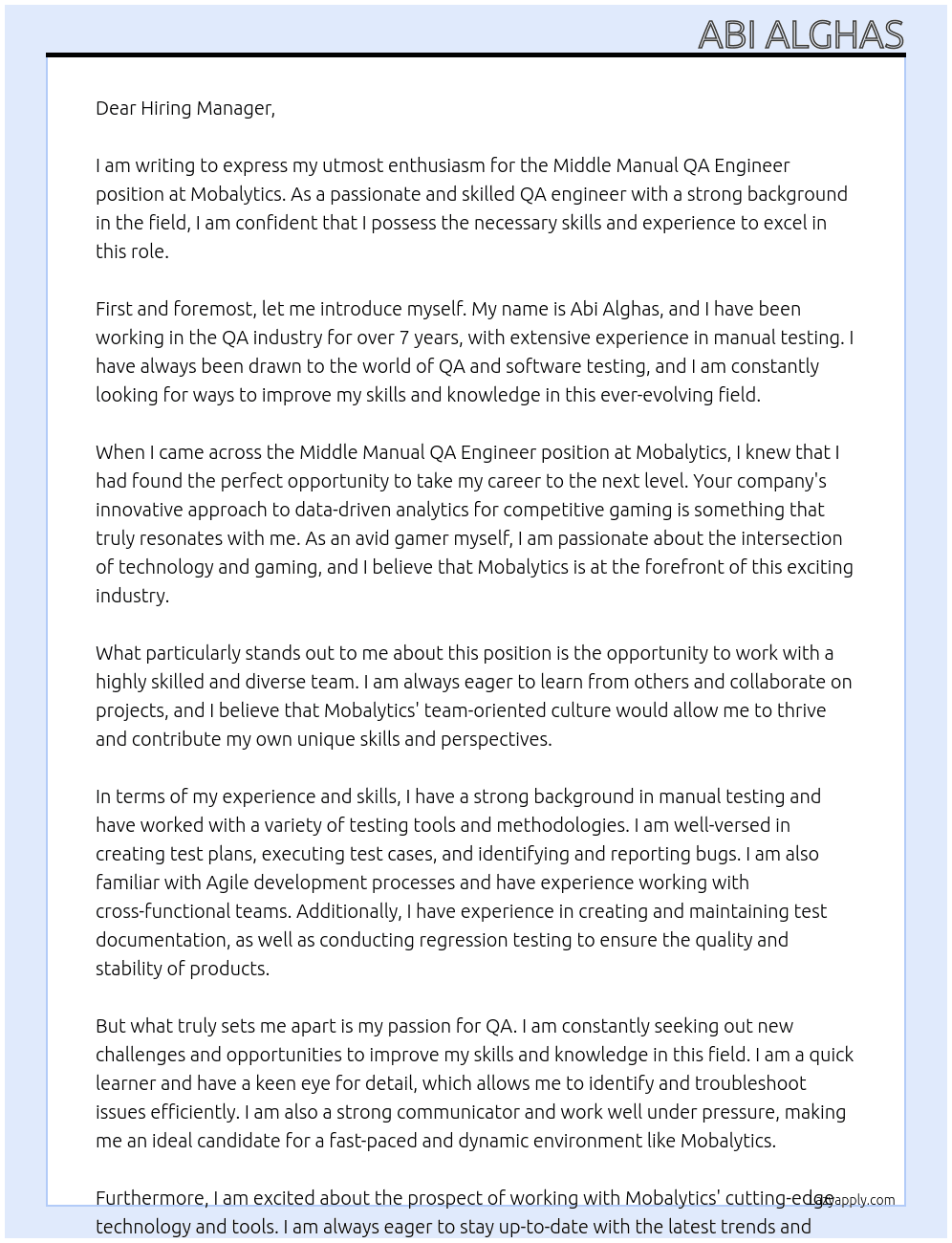 Middle Manual QA Engineer At  Mobalytics Cover Letter