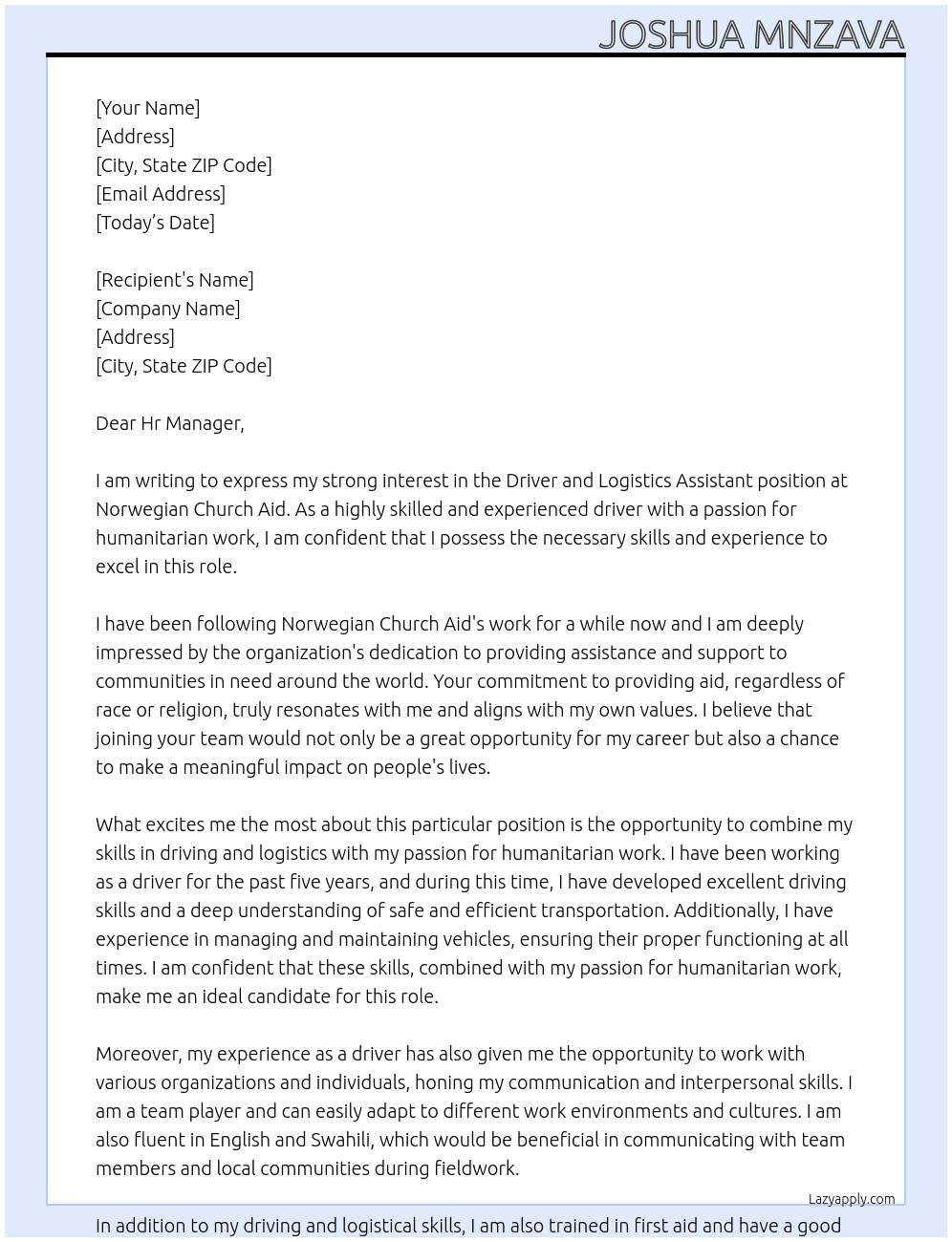 Driver and Logistics Assistant At Norwegian Church Aid Cover Letter